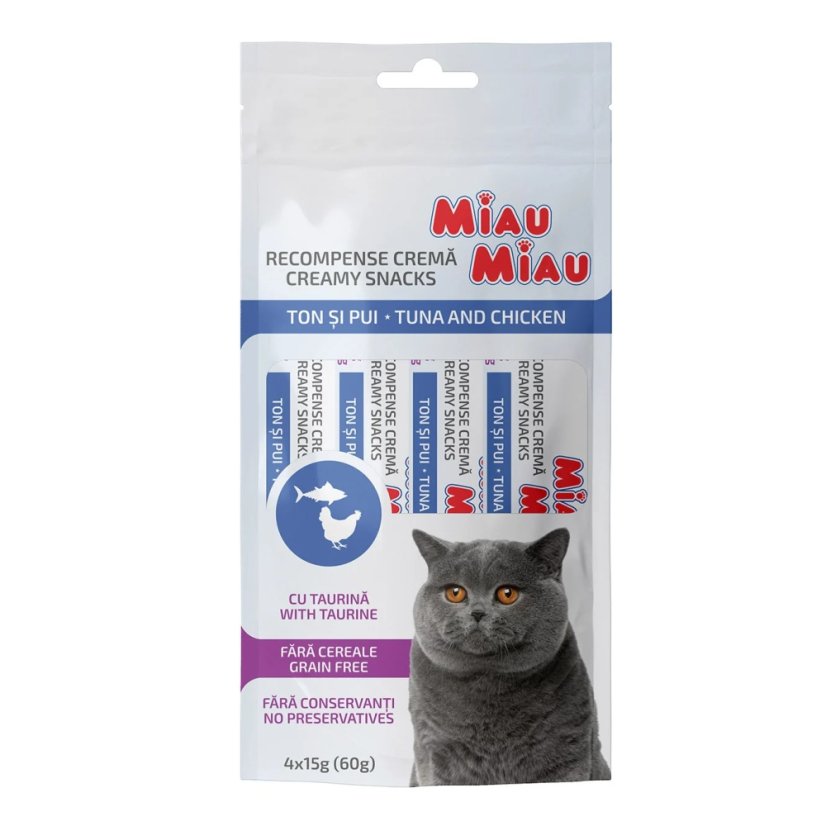 
                                    Miau Miau Creamy Snacks Cat tuňák a kuřecí 15 g (4 pack)
                                